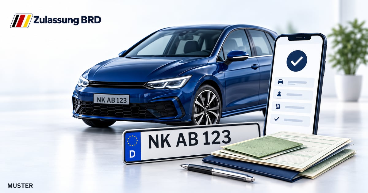Online Fahrzeugzulassung in Merchweiler: Musterkennzeichen NK AB 123, Auto und Fahrzeugpapiere und Smartphone. Illustration mit Logo von Zulassung BRD.